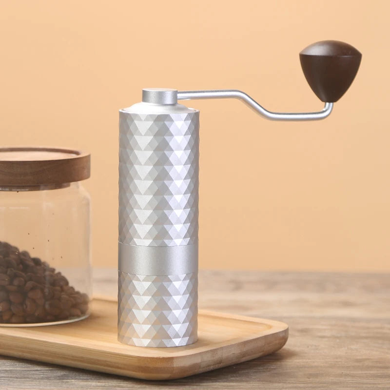UK Espresso adjustable burr coffee grinder with metallic design and wooden handle for precise grinding