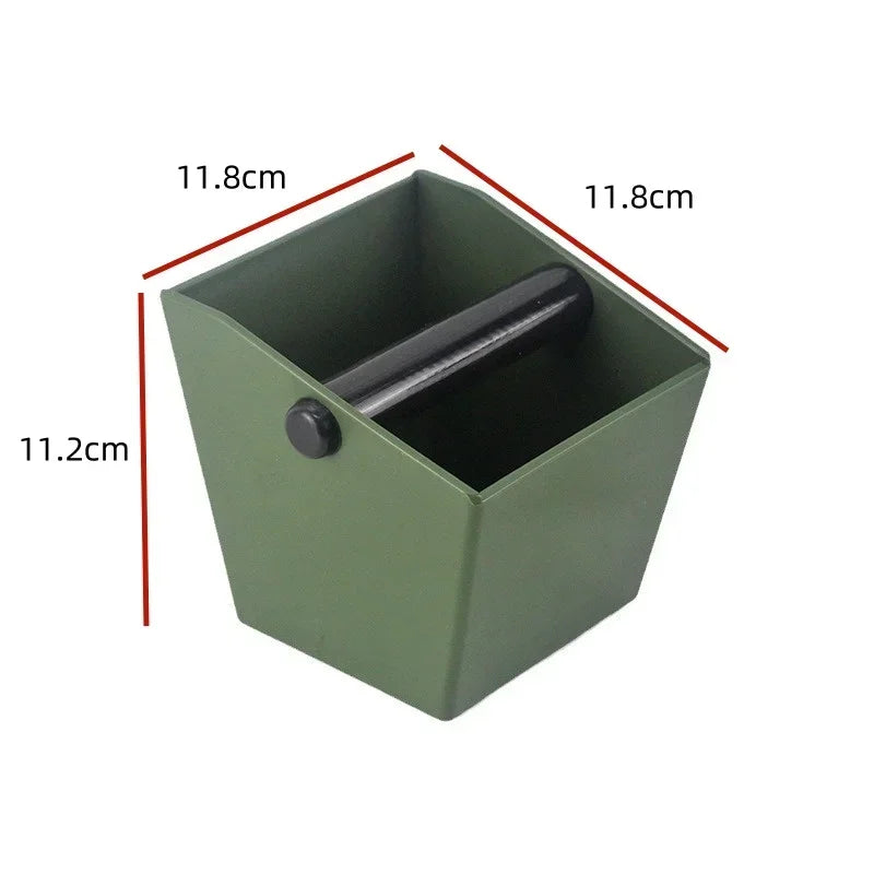 UK Espresso anti slip coffee knock box in green with dimensions for easy coffee grounds disposal
