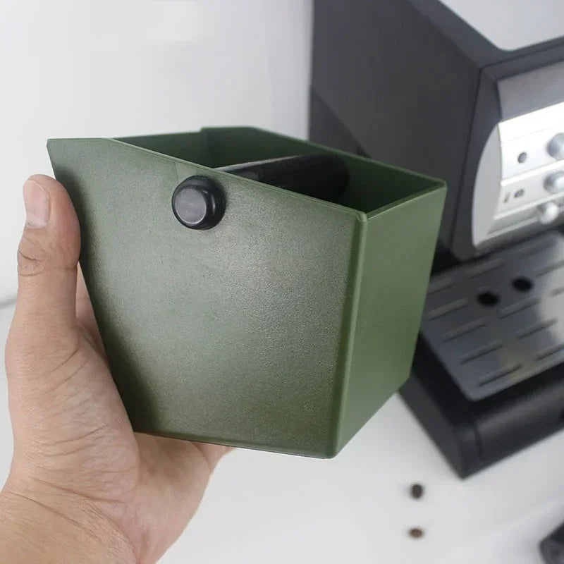 Green anti slip coffee knock box designed for easy coffee grounds disposal and minimal mess