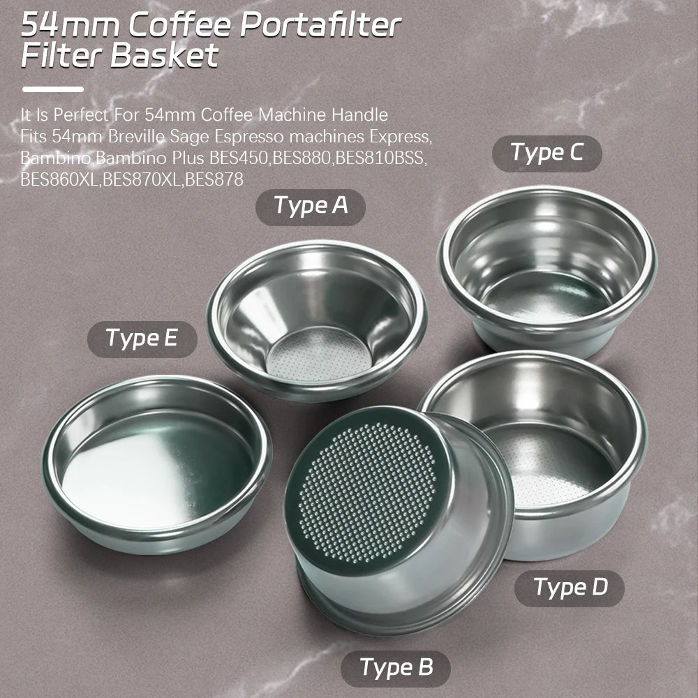 Various 54mm coffee filter basket Breville Sage for espresso machines, suitable for multiple models.