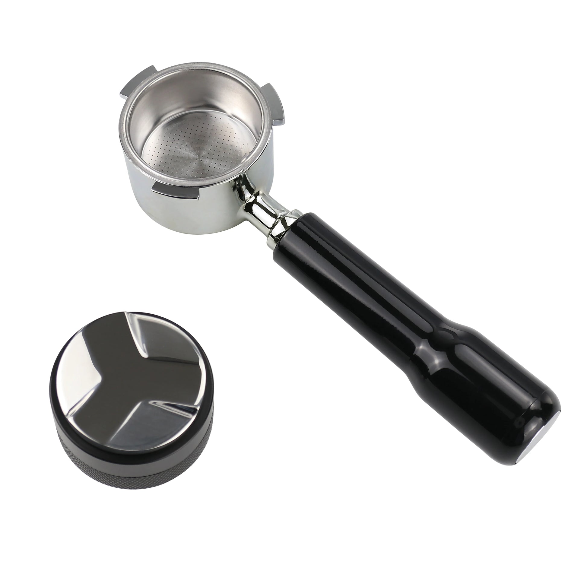 51mm bottomless portafilter Delonghi with black handle and separate tamper by UK Espresso