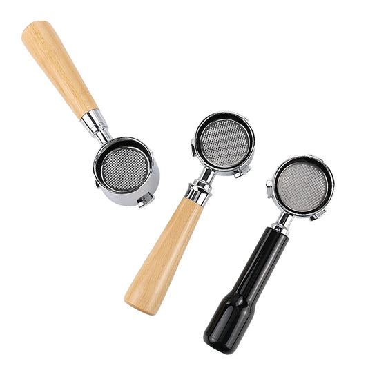 Set of 51mm bottomless portafilter Delonghi options with wooden and black handles for espresso enthusiasts