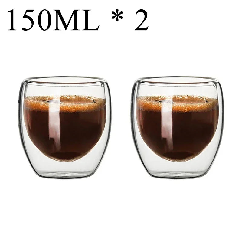 Set of two 150ml double wall glass coffee mugs filled with espresso for heat retention