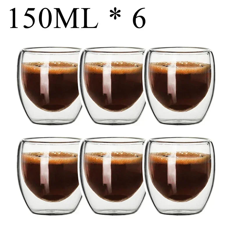 Set of six 150ml double wall glass coffee mugs filled with espresso for heat retention