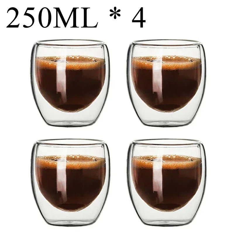 Set of four 250ml double wall glass coffee mugs filled with espresso from UK Espresso