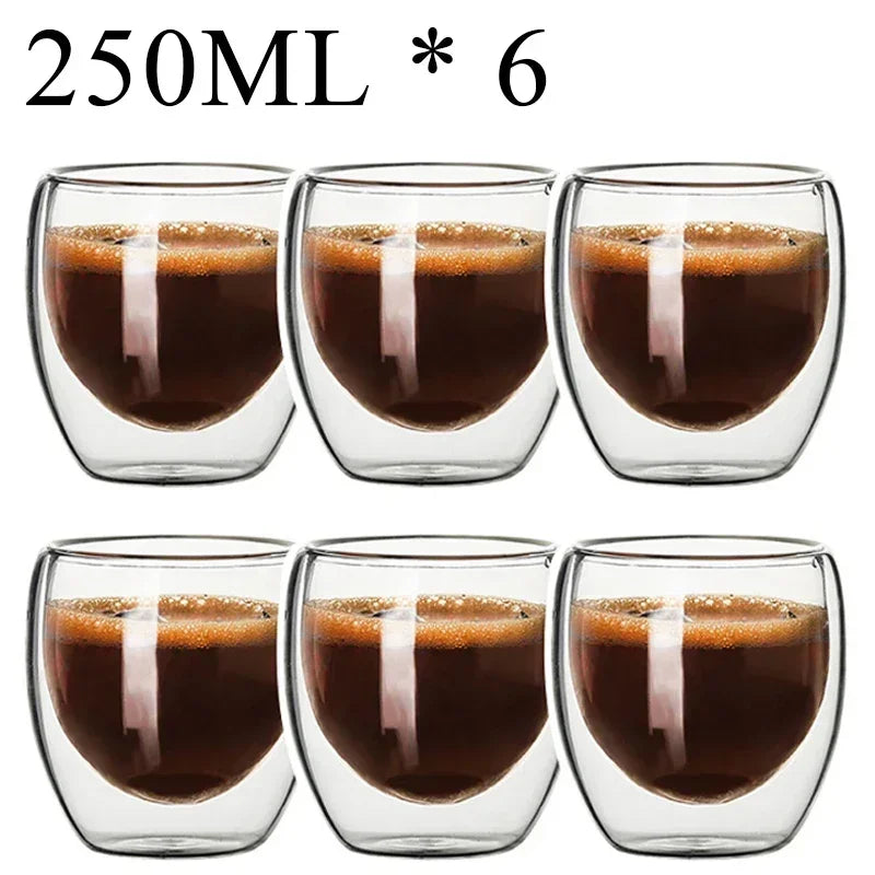 Set of six 250ml UK Espresso double wall glass coffee mugs filled with espresso