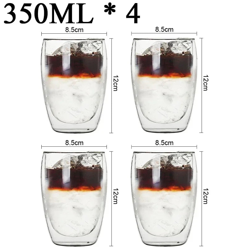 Set of four UK Espresso double wall glass coffee mugs 350ml with iced coffee inside