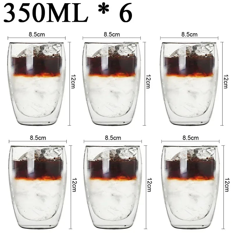Set of six 350ml double wall glass coffee mugs with dimensions 8.5cm width and 12cm height filled with iced coffee