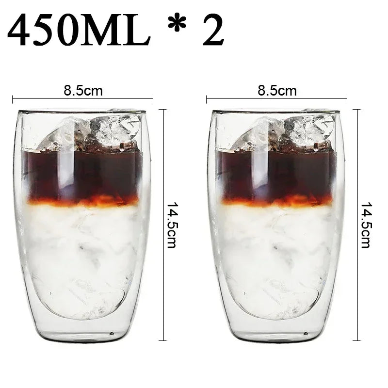 Set of two 450ml double wall glass coffee mugs with iced coffee and clear design by UK Espresso