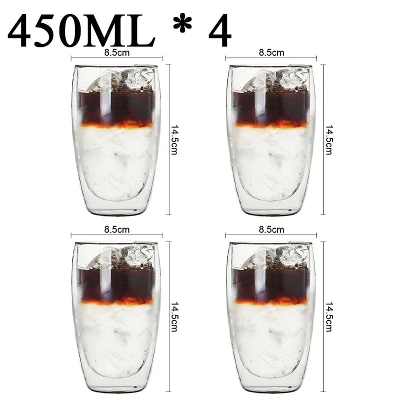 Set of four 450ml double wall glass coffee mugs by UK Espresso with clear insulation design