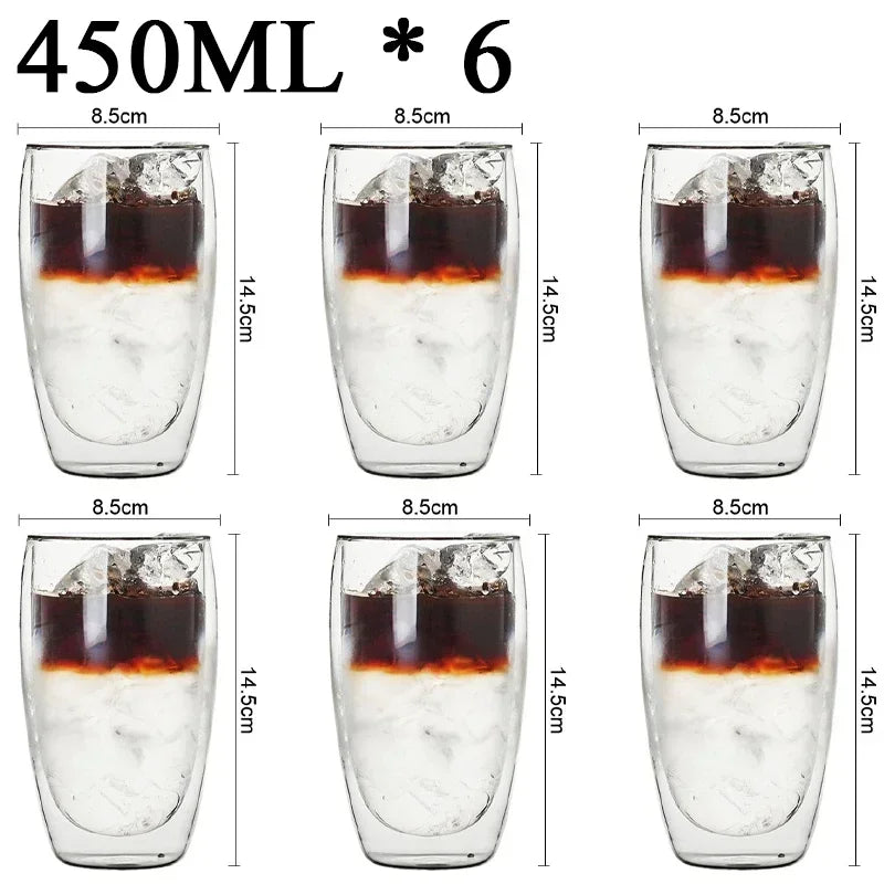 Set of six 450ml double wall glass coffee mugs from UK Espresso with clear insulation design