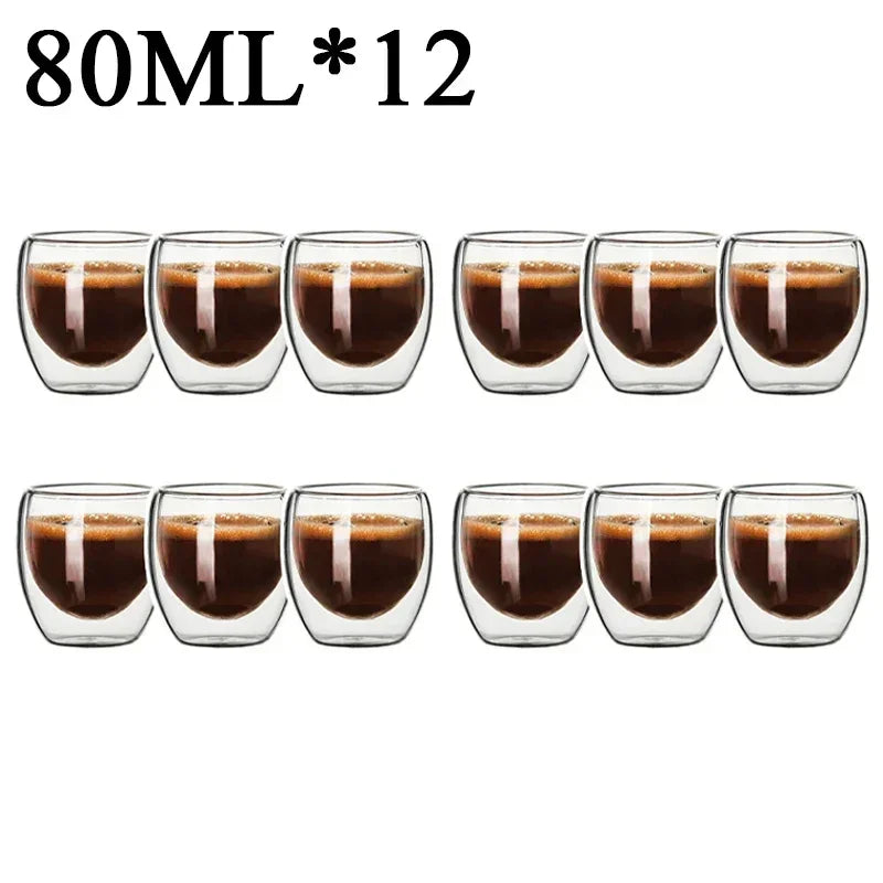 Set of twelve 80ml double wall glass coffee mugs filled with espresso from UK Espresso