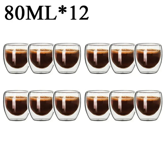 Set of twelve 80ml double wall glass coffee mugs filled with espresso from UK Espresso