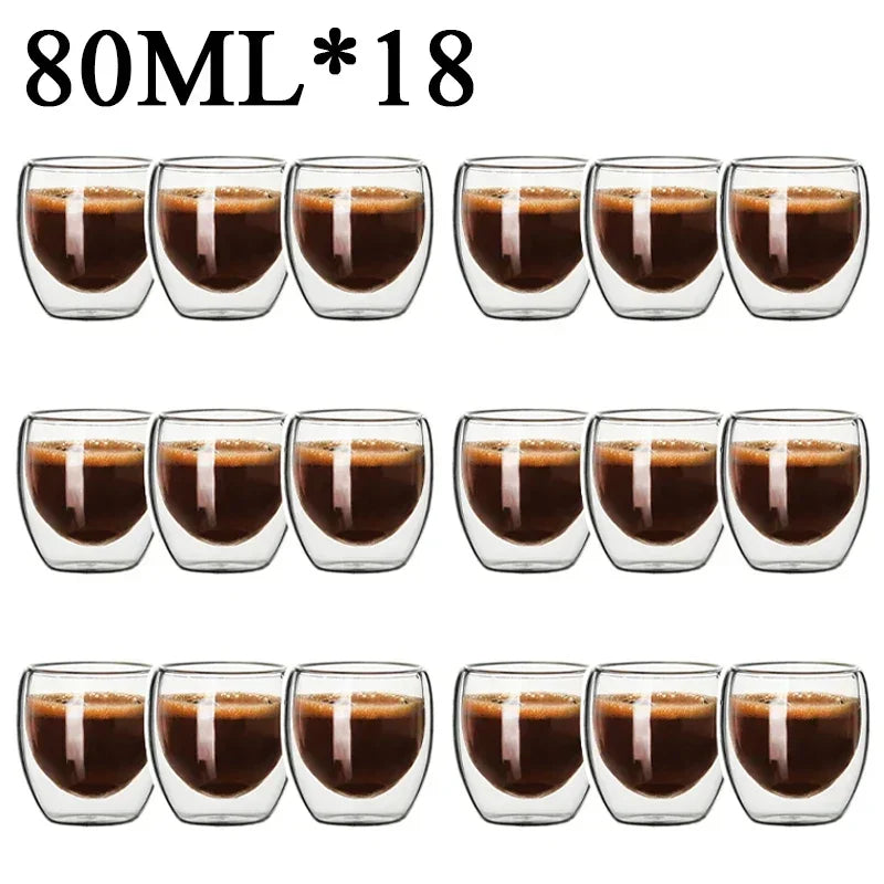 Set of 18 UK Espresso double wall glass coffee mugs each with 80ml capacity filled with espresso