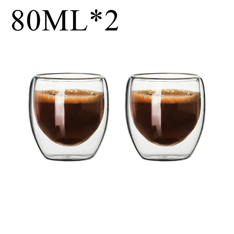 Set of two 80ml double wall glass coffee mugs filled with espresso from UK Espresso