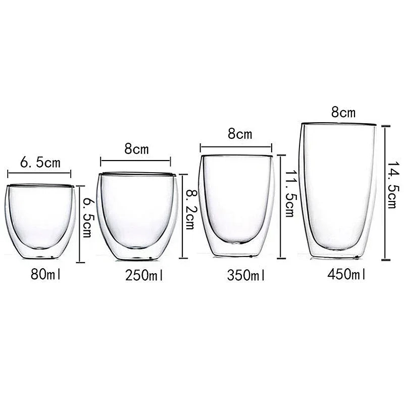 UK Espresso double wall glass coffee mugs in four sizes with capacity and measurements displayed