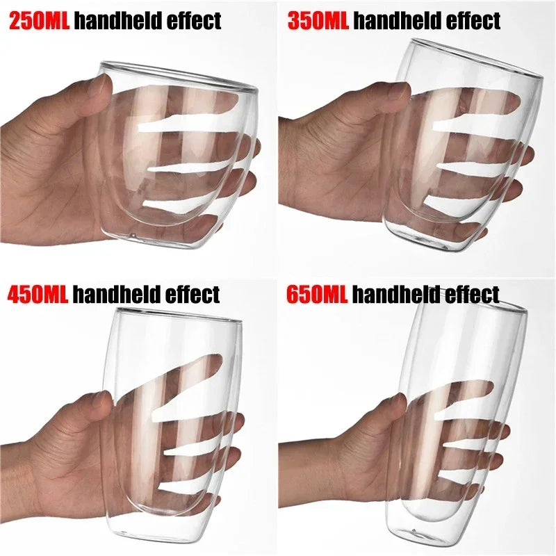 Hand holding UK Espresso double wall glass coffee mugs in 250ml 350ml 450ml and 650ml sizes