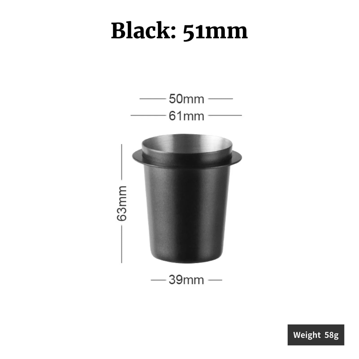 UK Espresso 51mm Black Espresso Dosing Cup for precise coffee measurements and compatibility with espresso machines