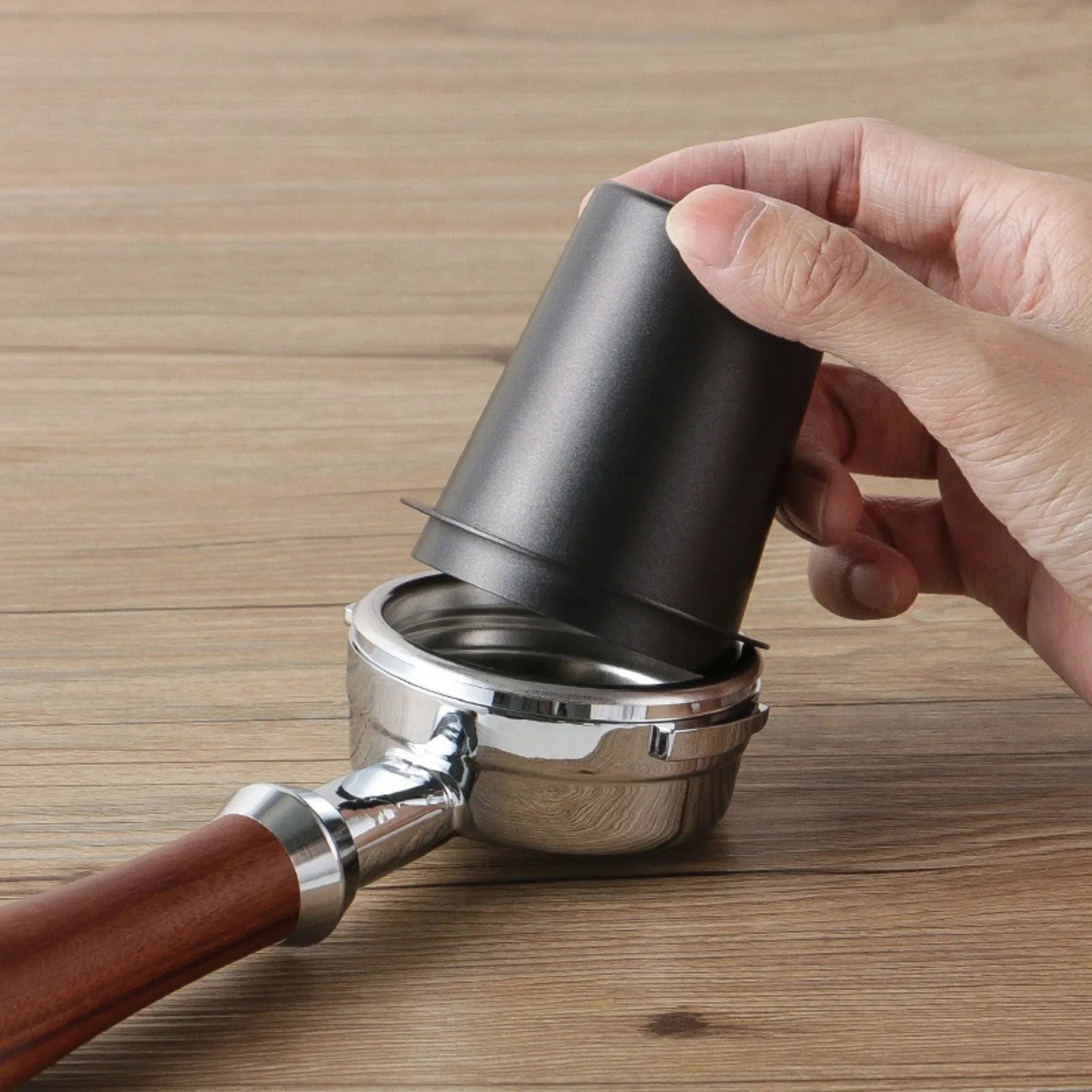 UK Espresso stainless steel espresso dosing cup for 58mm portafilters, perfect for precise coffee measurements