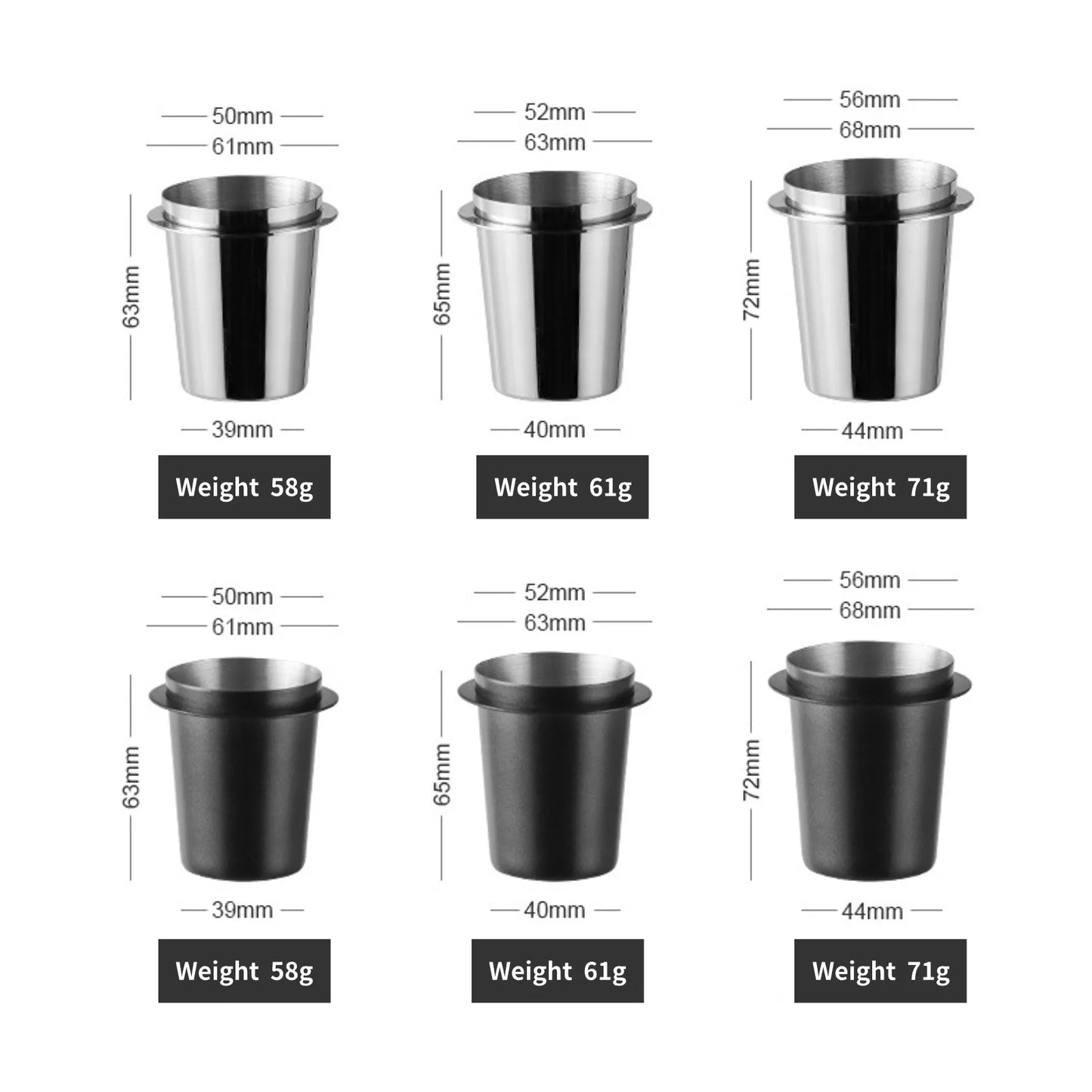 UK Espresso stainless steel espresso dosing cup in various sizes and weights for brewing precision