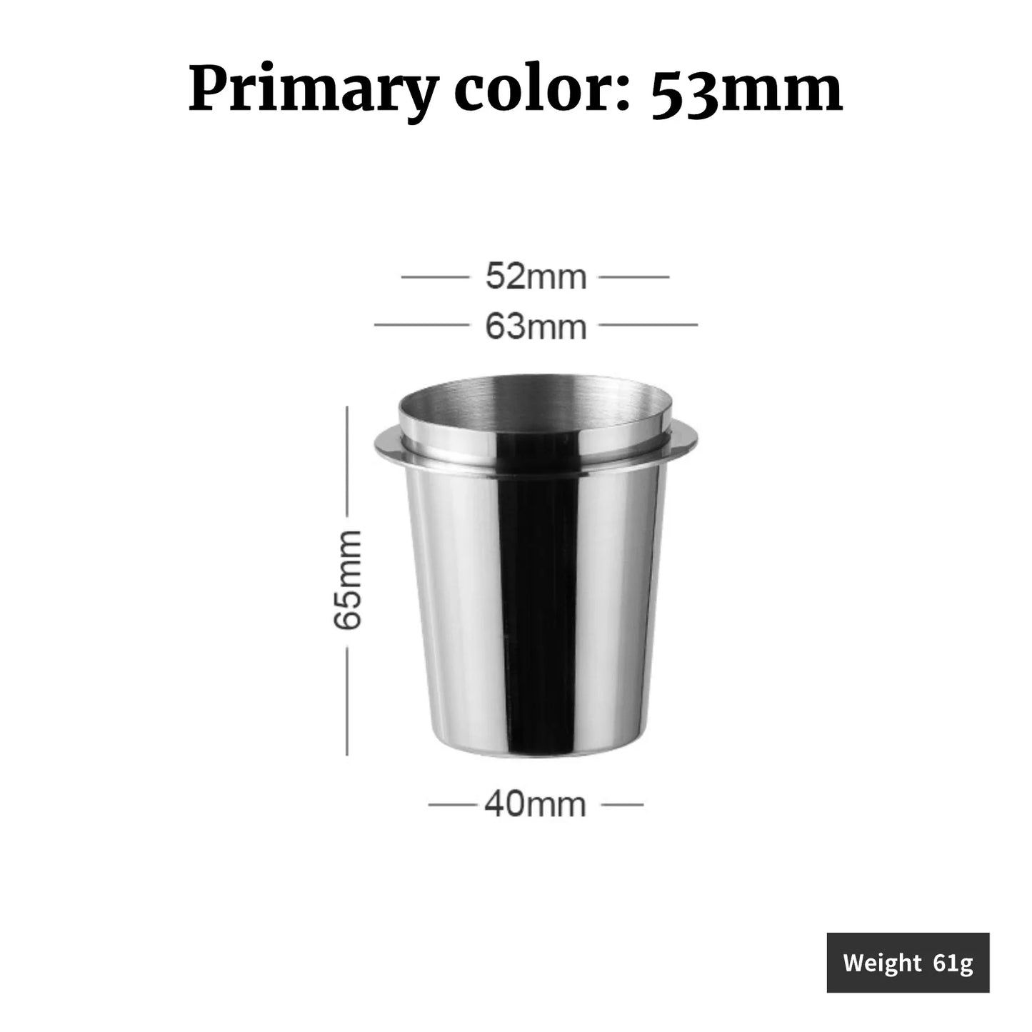 53mm stainless steel espresso dosing cup compatible with 58mm portafilters for precise coffee measurements