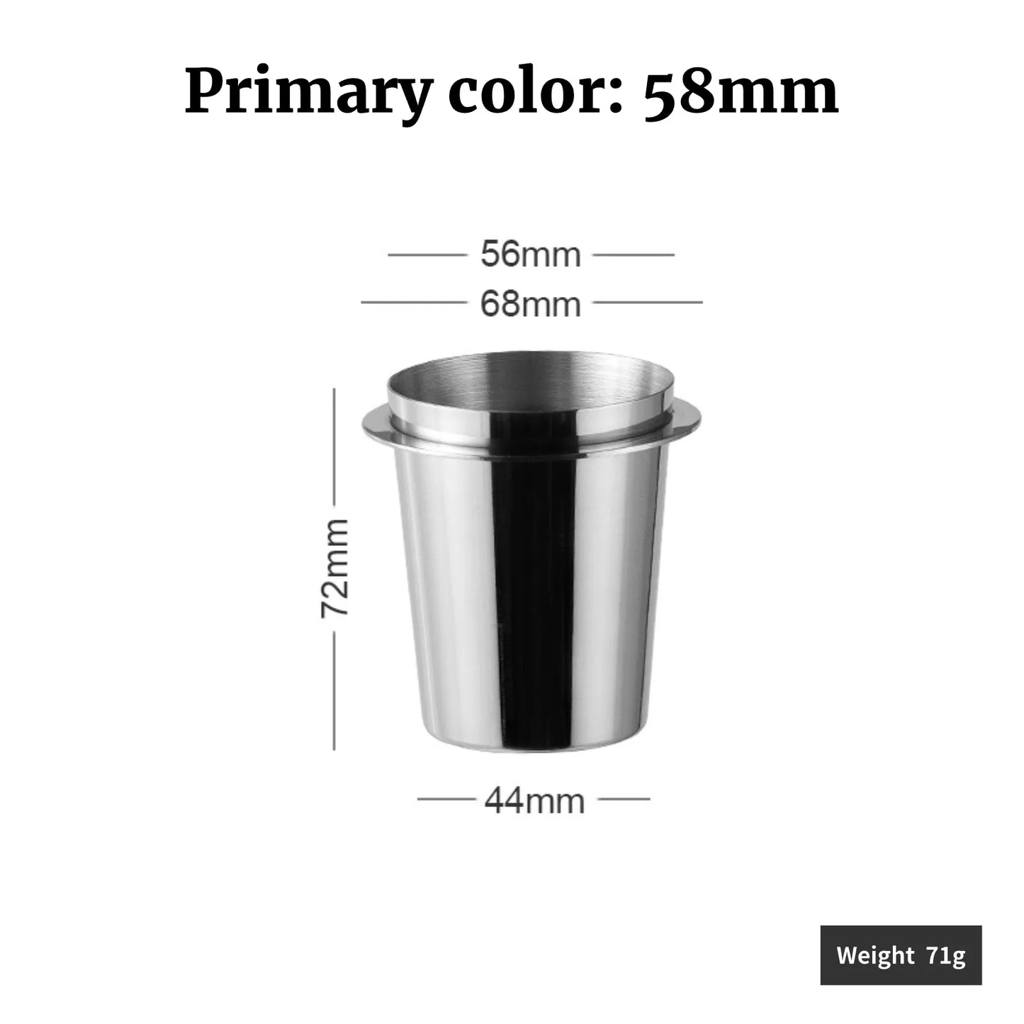 58mm stainless steel espresso dosing cup with a height of 72mm and a capacity for precise measurements