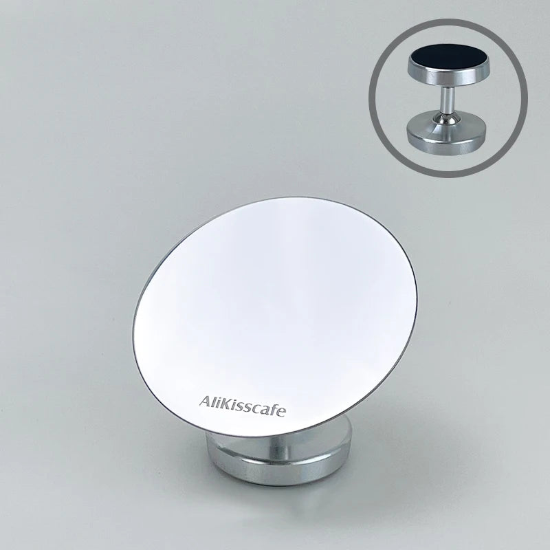 Espresso extraction mirror magnetic with a sleek chrome base for 58mm portafilters, perfect for baristas