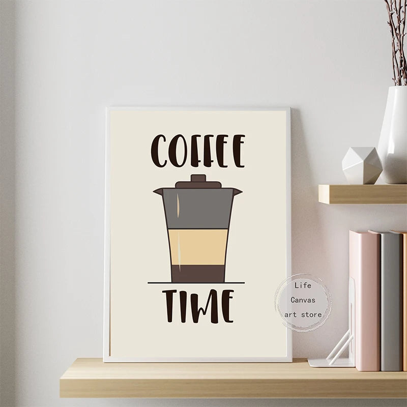 Retro coffee art prints featuring a stylish coffee cup design with the text Coffee Time