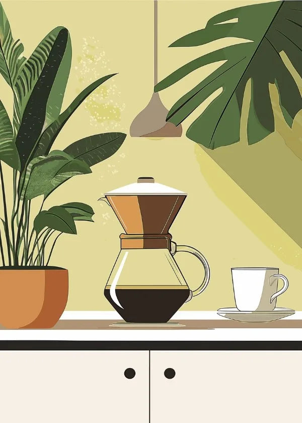 UK Espresso retro coffee art prints featuring a coffee pot and cup with green plants in a cozy setting
