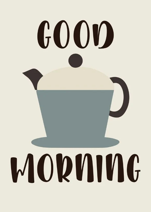UK Espresso retro coffee art prints featuring a stylized coffee pot with good morning text