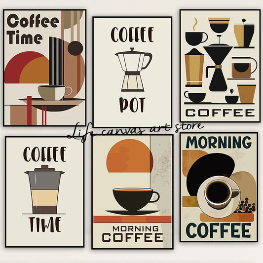 Set of retro coffee art prints featuring various coffee-related designs and colors