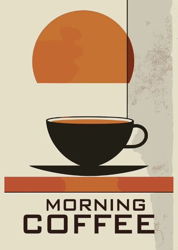 UK Espresso retro coffee art prints featuring a minimalist coffee cup and saucer with morning coffee text