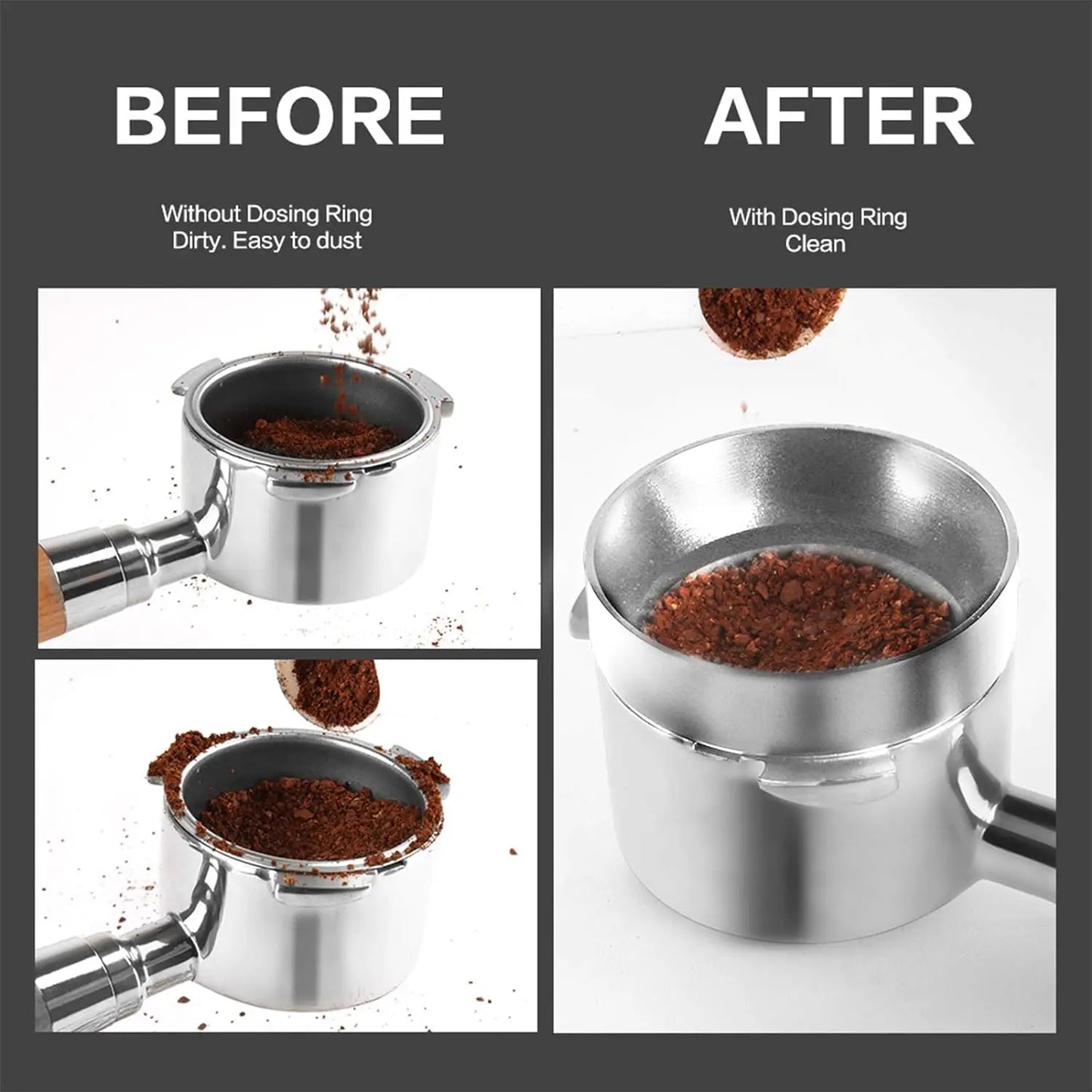 Magnetic dosing funnel for espresso, stainless steel, 58mm, prevents spills, keeps grounds clean and tidy