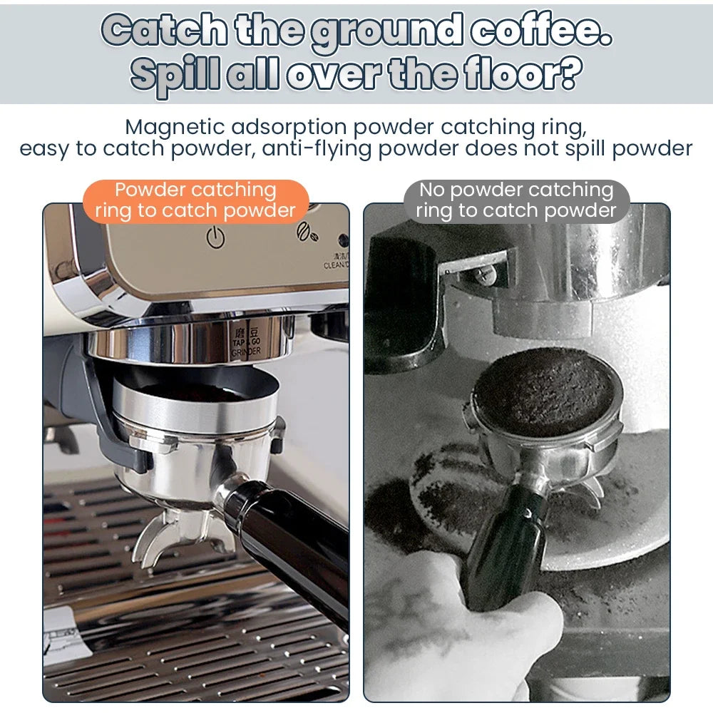Magnetic dosing funnel for espresso in stainless steel, compatible with 58mm portafilters, easy powder catch design