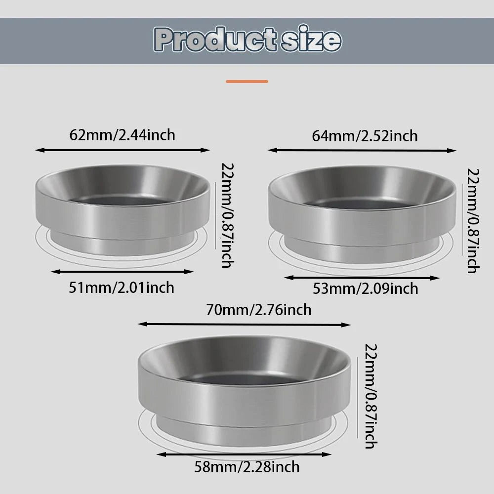 Magnetic dosing funnel for espresso in stainless steel, compatible with 58mm portafilters, measuring 22mm tall