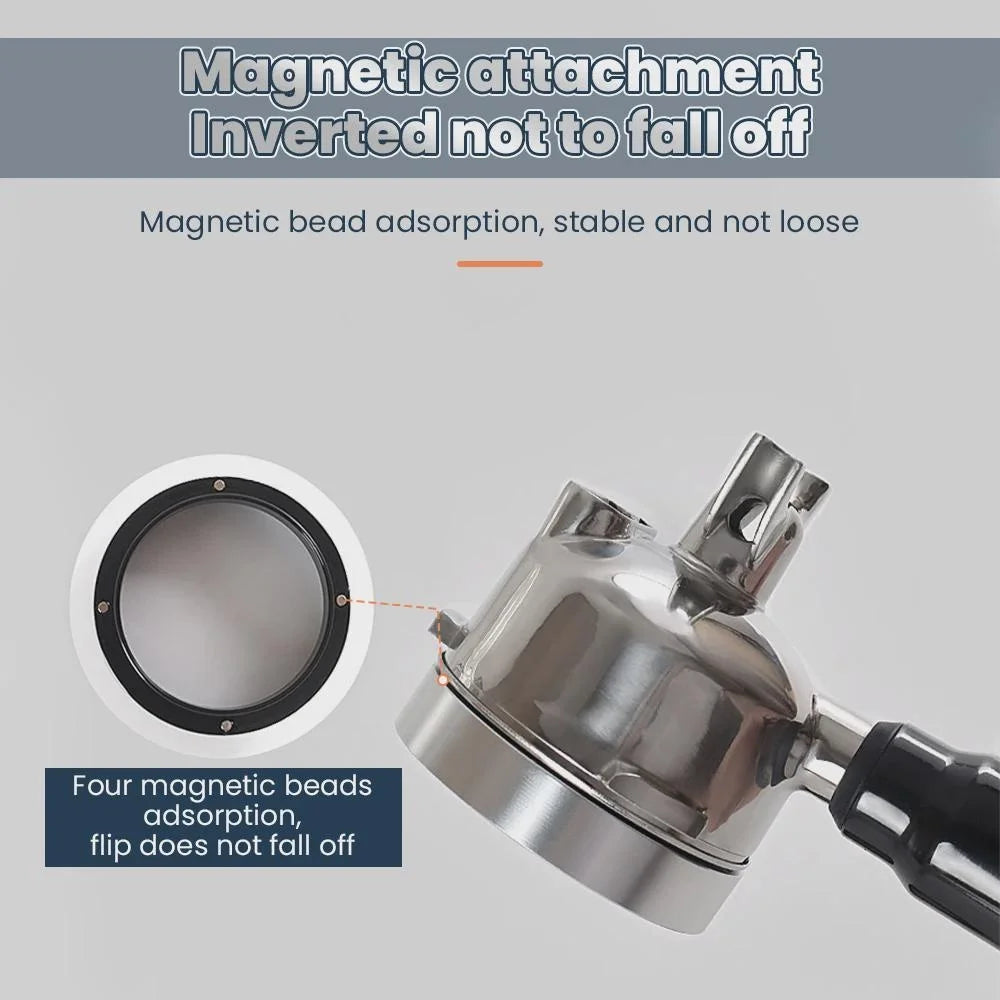 Magnetic dosing funnel for espresso in stainless steel with four magnetic beads for stability and 58mm compatibility