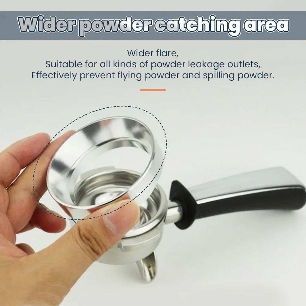 Magnetic dosing funnel for espresso in silver, compatible with 58mm portafilters to minimize powder waste