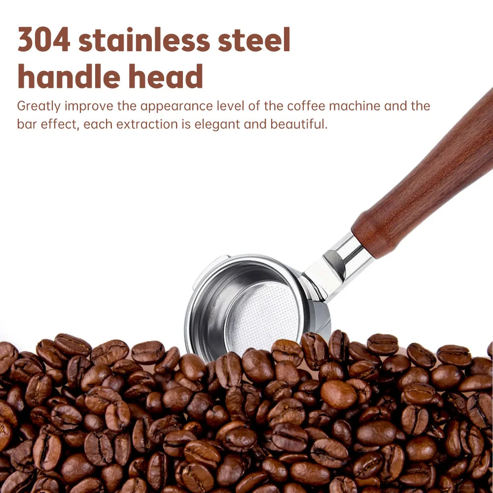 54mm bottomless portafilter with wooden handle and 304 stainless steel for elegant coffee extraction