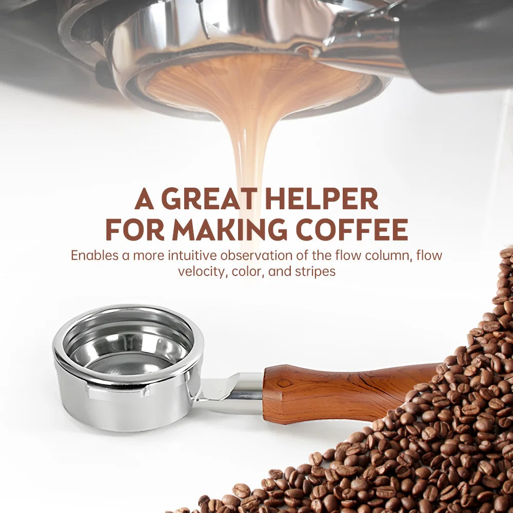 54mm bottomless portafilter with wooden handle for observing coffee flow and extraction quality