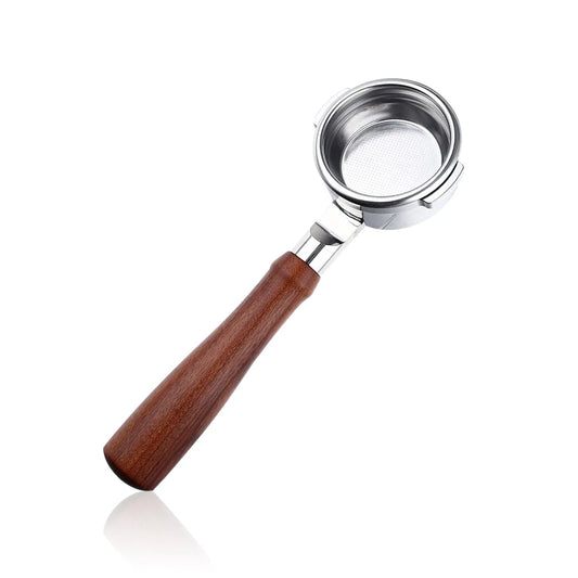 UK Espresso 54mm bottomless portafilter with wooden handle for baristas and coffee enthusiasts