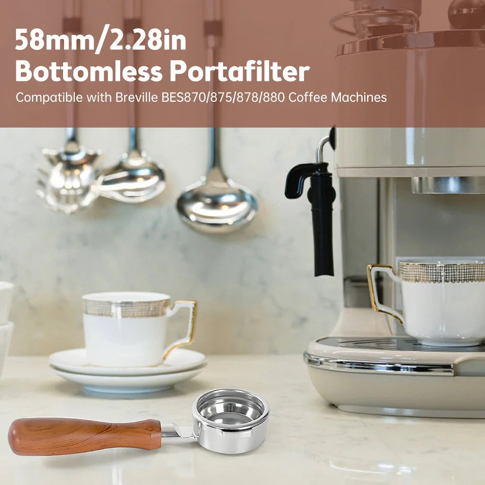 58mm bottomless portafilter for Breville BES870/875/878/880 coffee machines with a wooden handle