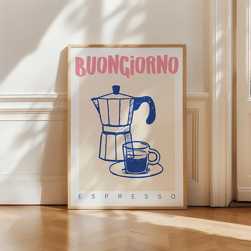 Retro espresso wall art featuring a moka pot and coffee cup with Buongiorno