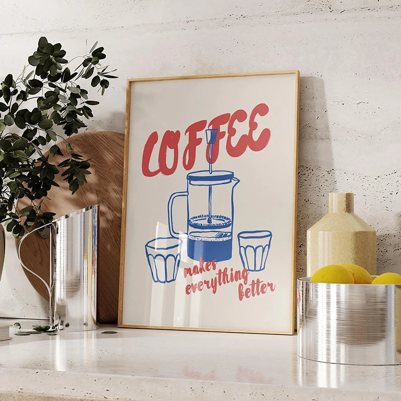 Retro espresso wall art featuring a coffee press and text about making everything better