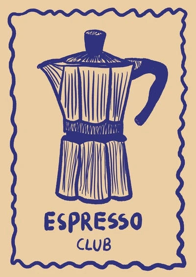 Vintage-style retro espresso wall art featuring an espresso maker with club written below