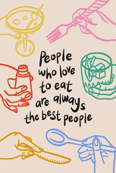 Colorful retro espresso wall art featuring playful illustrations of hands with food and drinks