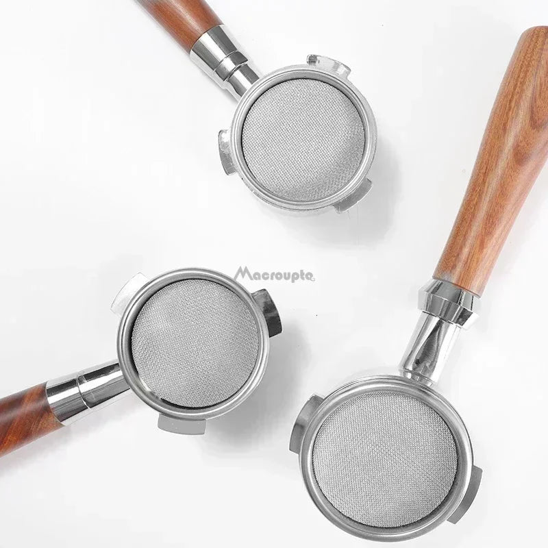 Set of stainless steel reusable coffee filter screens with wooden handles for eco-friendly brewing
