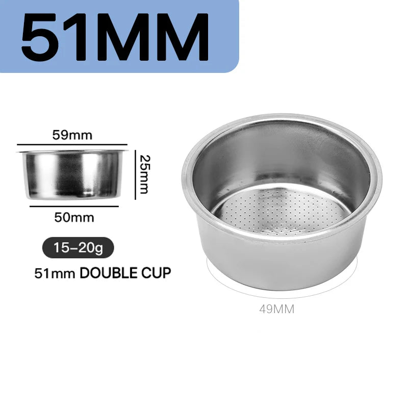 51mm 54mm 58mm stainless portafilter double cup with a polished finish and coffee filter holes
