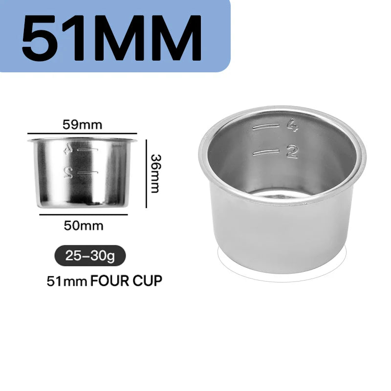 51mm stainless portafilter four cup with measuring marks for precise espresso brewing