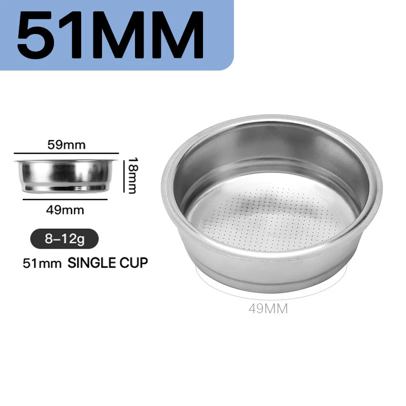 51mm stainless portafilter single cup with 8-12g capacity for espresso preparation