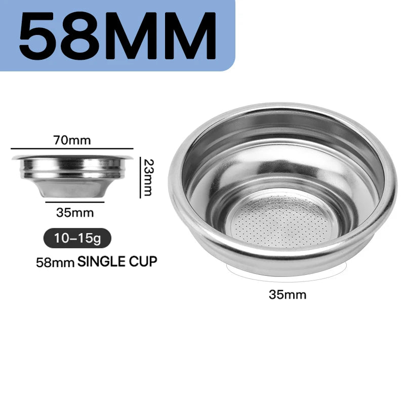 58mm stainless portafilter basket designed for single cup brewing with a 10-15g capacity